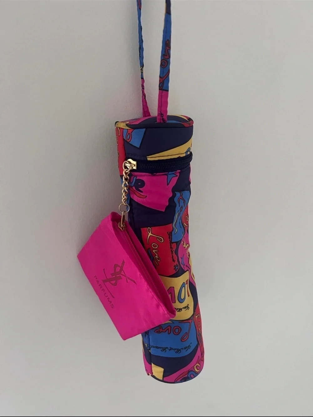 Yves Saint Laurent Pink and Blue Patterned Crossbody Pouch with Gold Logo